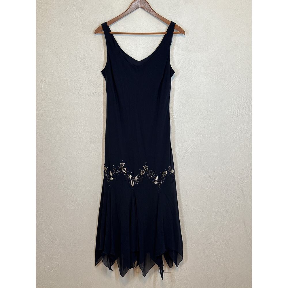 S.LFashion Dress 16 Navy Blue Embroidered Sequin 90s Whimsigoth Handkerchief Hem
